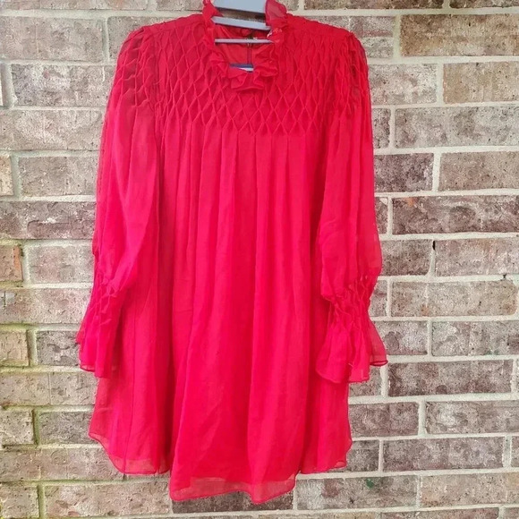 Rebecca Taylor Diamond Smocked Mock Neck Silk Dress Size S/M - Picture 3 of 5